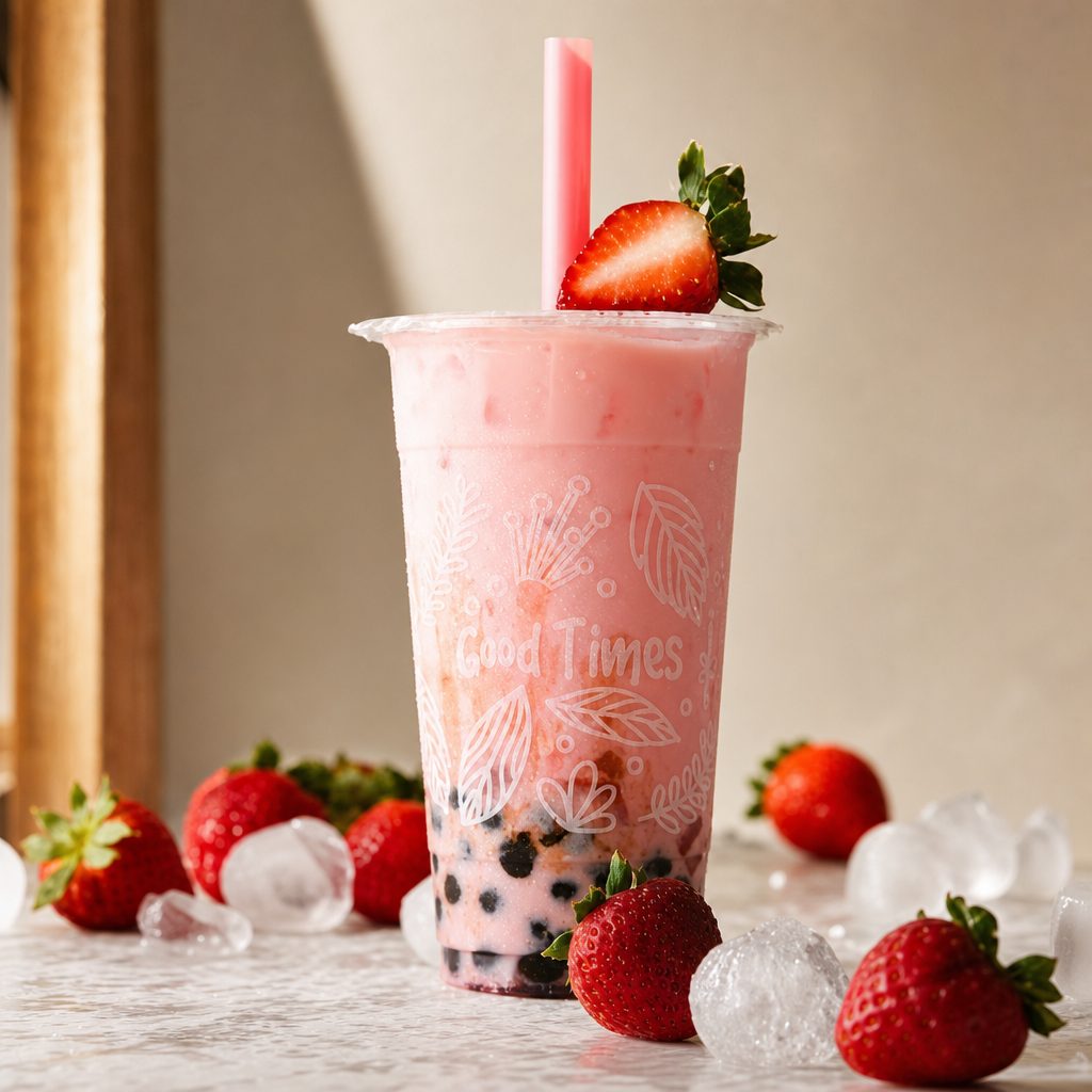 Strawberry sugar milk tea with bubble tea.